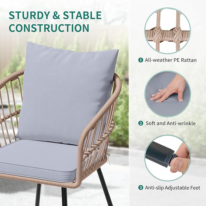 YITAHOME 3 Piece Bistro Set Outdoor with Thick Cushions&Table All-Weather Wicker Patio Furniture Set with Armrest Rattan Conversation Set for Balcony, Backyard, Pool, Porch, Deck - Grey