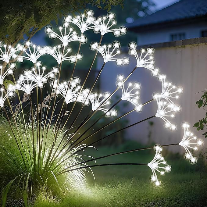 JJGoo Solar Garden Lights, New Upgraded 2 Pack Solar Swaying Starburst Light, Waterproof Fireworks Outdoor Lights, Yard Patio Pathway Decoration, White