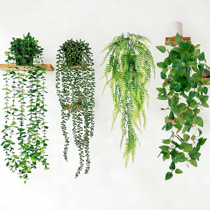 4 Pack Artificial Plants Wall Hanging Fake Plants Indoor for Shelf Boho Faux Eucalyptus Ivy Vine House Plants for Living Room Wall Backdrop Outdoor Decor
