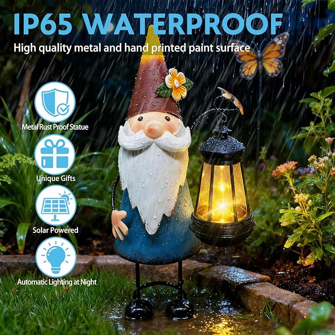 Solar Garden Gnome Statue with Lights,14.56in Tall Solar Gnome Garden Sculptures, Birthday Gift for Woman Grandma Big Metal Decorative for Outdoor Patio Porch Ornaments Lawn Yard Balcony