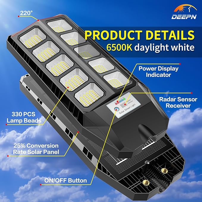 Deepn Solar Lights Outdoor, IP66 Waterproof Street Lights Outdoor, 6500K Dusk to Dawn Solar Security Flood Lights Motion Sensor with Remote Control for Yard, Entryway Garage, Porch 1 Pack