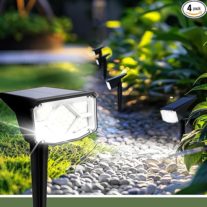 Solar Spot Lights Outdoor, Solar Lights Outdoor Waterproof IP65, Compact Design, Landscape Spotlights for Garden Tree Yard House Pathway Decorations, 4 Pack, Cool White