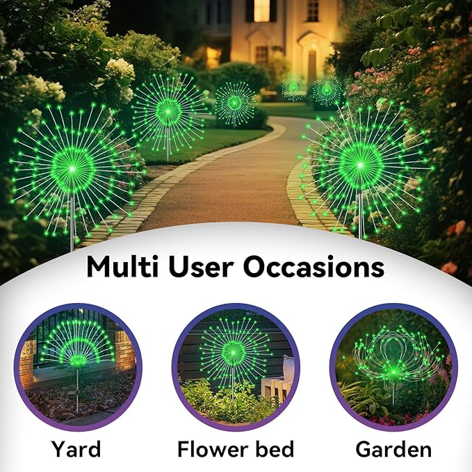 Garden Outdoor Lights, 2 Pack 120 LED Solar Garden Lights Fairy Lights Outdoor Waterproof Decorative Solar Firework Lights for Yard Patio Pathway Flowerbed Party Wedding Decor, Green