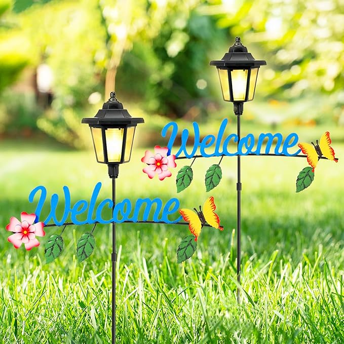 Lewondr Solar Garden Lights Butterfly, 36.6 Inch Solar Lamp Post Light with Welcome Sign & Butterflies, Outdoor Waterproof Solar Stake Lights for Yard Porch Patio Pathway Gardening Gifts, 2 Pack