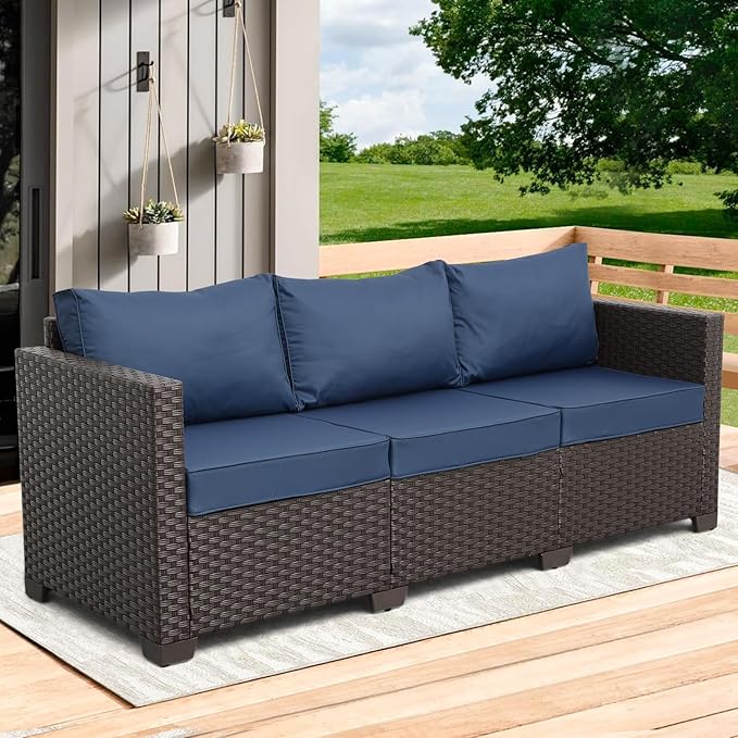 Rattaner 3-Seat Patio Wicker Sofa, Outdoor Rattan Couch Furniture Steel Frame with Furniture Cover and Deep Seat High Back, Blue Anti-Slip Cushion.