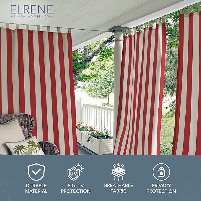 Elrene Home Fashions Highland Stripe Indoor/Outdoor Curtain Panel, 50 inches X 84 inches, Red