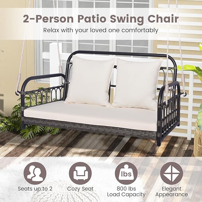 Tangkula Outdoor Wicker Porch Swing, 2-Person Hanging Seat with Seat & Back Cushions, Heavy-Duty Metal Frame & 2 Sturdy Hanging Ropes, Wicker Woven Swing Loveseat for Front Porch