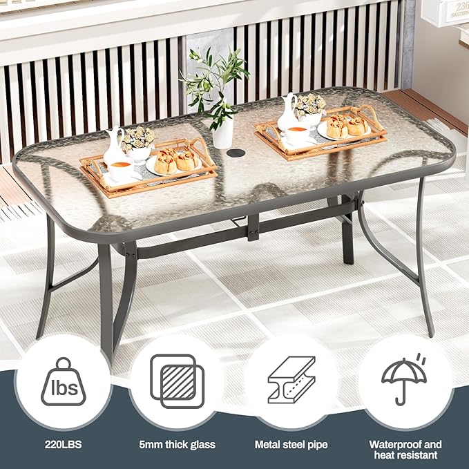 TLSUNNY 7 Pieces Patio Dining Set, Outdoor Table and Chairs W/1.69″ Umbrella Hole, 30"X 55" Table and Stackable Textilene Chair, All Weather Patio Furniture Set (Umbrella not Included)