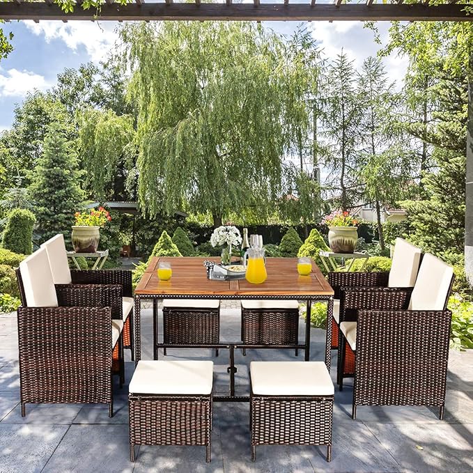 Tangkula 9 Pieces Patio Acacia Wood Table and Chairs Set with Umbrella Hole, Outdoor Space Saving Outdoor Dining Set,for Garden,Yard,Poolside