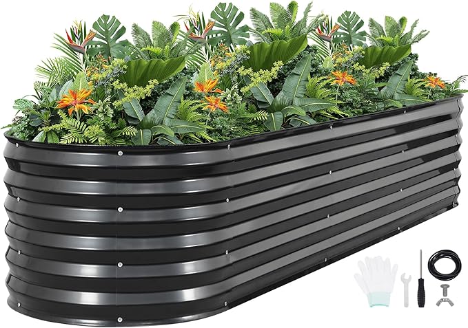 G GOOD GAIN Raised Garden Beds - 8x2x1.4ft Galvanized Planter Boxes Kit with Protective Tape & Gloves & Tools | Oval Metal Outdoor Raised Bed for Gardening Vegetables, Fruits, Flowers, Herbs, Grey