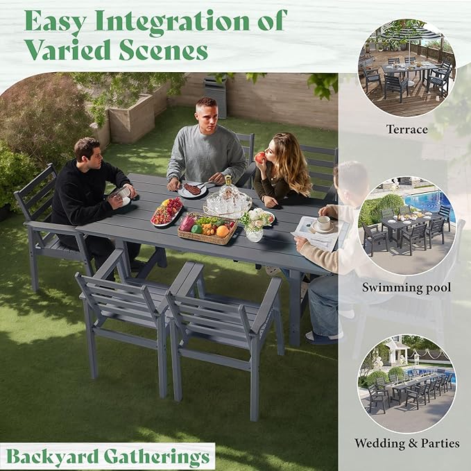 AMERLIFE 7-Piece HDPE Outdoor Dining Set with Umbrella Hole, 71" L Patio Table and Chairs Set for 6, Modern Garden Dining Set for Backyard, Poolside, Seaside, Porch, Gray