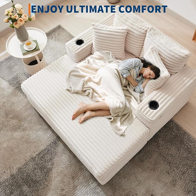 GarveeHome 60-inchOversized Chaise Lounge Chair Indoor, Comfy Corduroy Lounge Sofa with Charging Station, Cup Holders & Throw Pillows, Cozy Sleeper Couch for Living Room Apartments, Beige