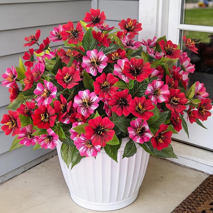 Fake Artificial Flowers for Outdoors Decoration,4 Bundles Silk Faux Spring Flowers with Plants Leave UV Resistant for Planter Front Door Porch Yard Patio Window Box Home Indoor Decor