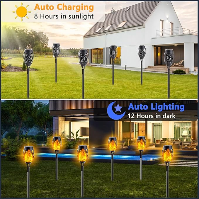 10Pack Solar Lights Outdoor, Mini Solar Torch Lights with Flickering Flame for Garden Decor, Solar Flame Lights Waterproof Solar Powered Outdoor Lights, Solar Tiki Torches for Pathway Patio Yard Porch
