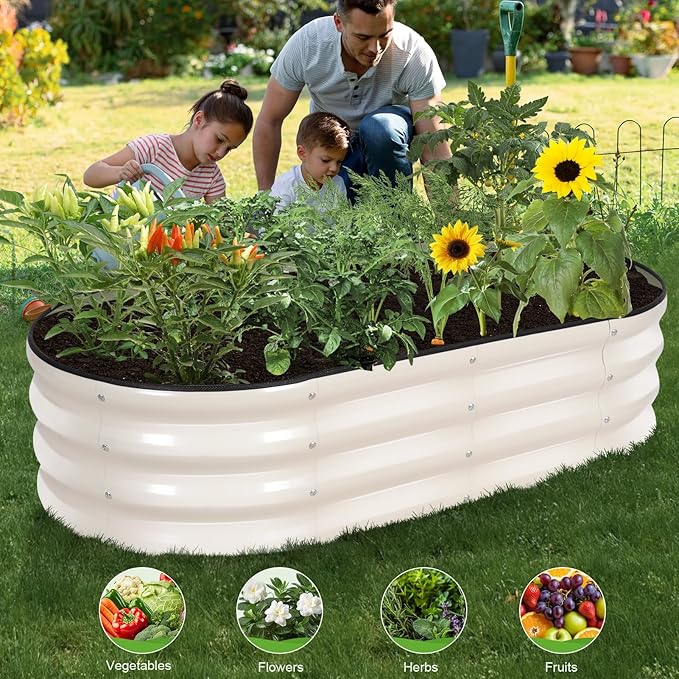 Galvanized Raised Garden Bed - 4×2×1ft (2 Packs) Planter Raised Beds for Gardening | Oval Metal Garden Planter Box with Safety Edging and Gloves for Vegetables Fruits and Flower (White)
