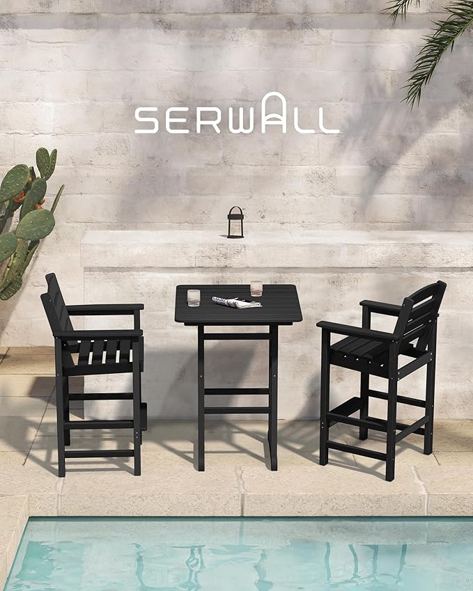 SERWALL Balcony Adirondack Chairs and Table 3 Pieces Set, Adirondack Bar Height Chairs Set of 2 and Bar Table, Outdoor Bar Stools Set for Bistro, Poolside, Backyard, Black
