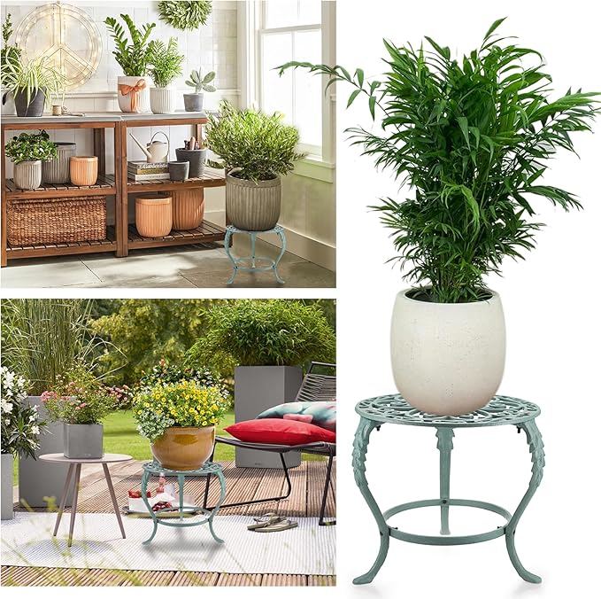 OwnMy Heavy Duty Cast Iron Plant Stand Vintage Wrought Iron Flower Pot Holder, Indoor Outdoor Large Plant Stand for Home Garden Patio, Decorative Round Potted Plant Holder Rack, Green