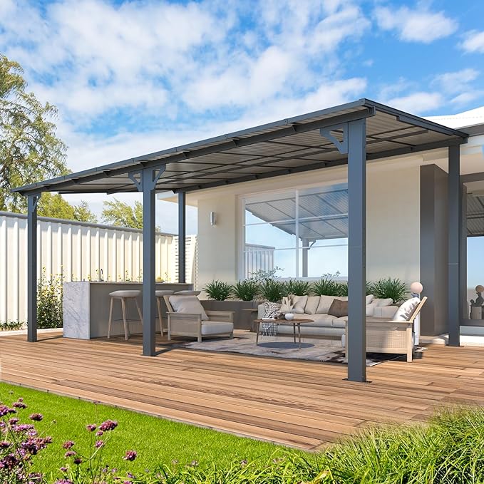 AECOJOY 16' x 10' Gazebo Outdoor Pergola, 10x16 Large Wall-Mounted Hardtop Lean to Metal Gazebo Shelter Pergolas and Gazebos Clearance with Patio Roof, Heavy Duty Awnings for Backyard, Decks