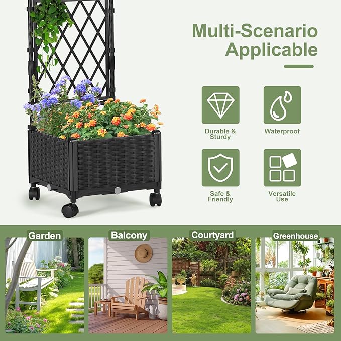 Planter Box with Trellis, 4ft Tall Self-Watering Plastic Raised Garden Beds and Lattice Trellis with Lockable Wheels & Drain Plug for Outdoor Patio Backyard Balcony, Black, 1 Pc