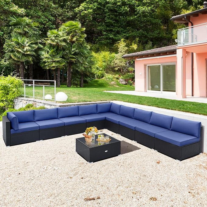 Tangkula 10 Pieces Patio Sofa Set, Outdoor Wicker Conversation Set with Soft Cushions, Tempered Glass Tabletop, Sofa Fastener Clips Included, Rattan Furniture Set for Backyard, Poolside (Navy)