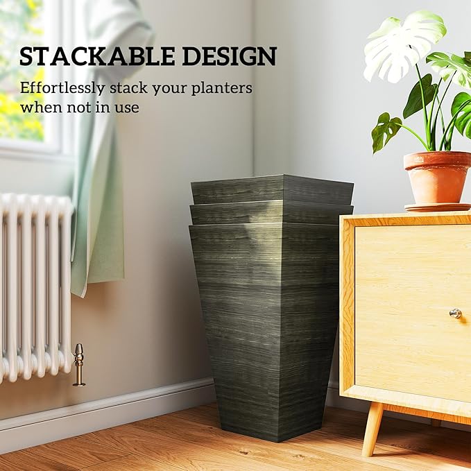 Outsunny Tall Planter for Outdoor Plants Set of 3, 28 Inch Taper Planter with Drainage Holes, Wood Grain Decor Garden Pot for Indoor Outdoor Porch Patio Backyard, Dark Brown