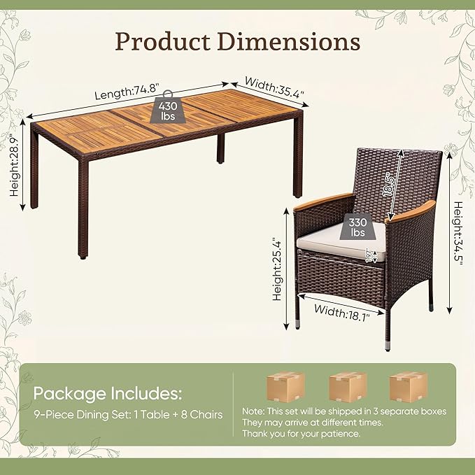 Greesum 9 Pieces Outdoor Patio Dining Set, Conversation Sets with 1 Table and 8 Rattan Chairs with Curved Acacia Wooden Armrests and Cushions, Brown