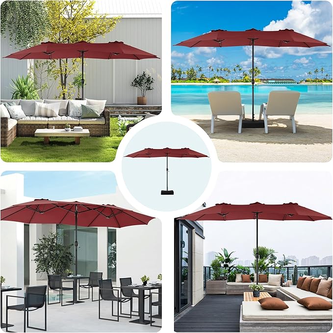 DUMOS 15FT Large Patio Umbrella with Base Included, Rectangle Table Umbrella Outdoor Patio, Outside Umbrellas for Deck, Market, Backyard, Wine Red