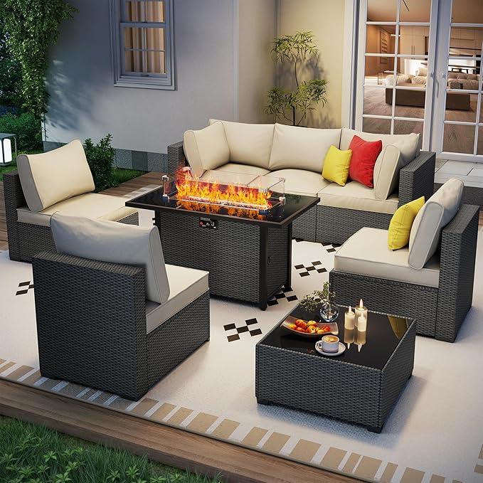 Outdoor Patio Furniture Set with 43'' Fire Pit Table, 8 Pcs Outdoor Patio Furniture Conversation Sets with 4in Thicken Cushion, Wicker Outdoor Sectional for Backyard, Garden, Balcony,Deck,Coffee/Beige