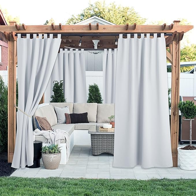 NICETOWN 2 Pieces Outdoor Patio Curtains Waterproof with Self-Stick Tab Top for Patio, Room Darkening Outdoor Living Divider Vertical Drape Privacy Protect for Yard/Cabana, W52 x L108, Greyish White