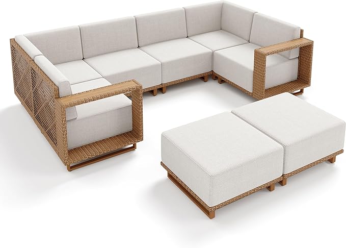 8 Pieces Patio Furniture Set,Outdoor Rattan Wicker Sectional Sofa with 10''Ultra-Thick Cushions,All Weather Patio Conversation Set for Lawn Garden Backyard,Beige