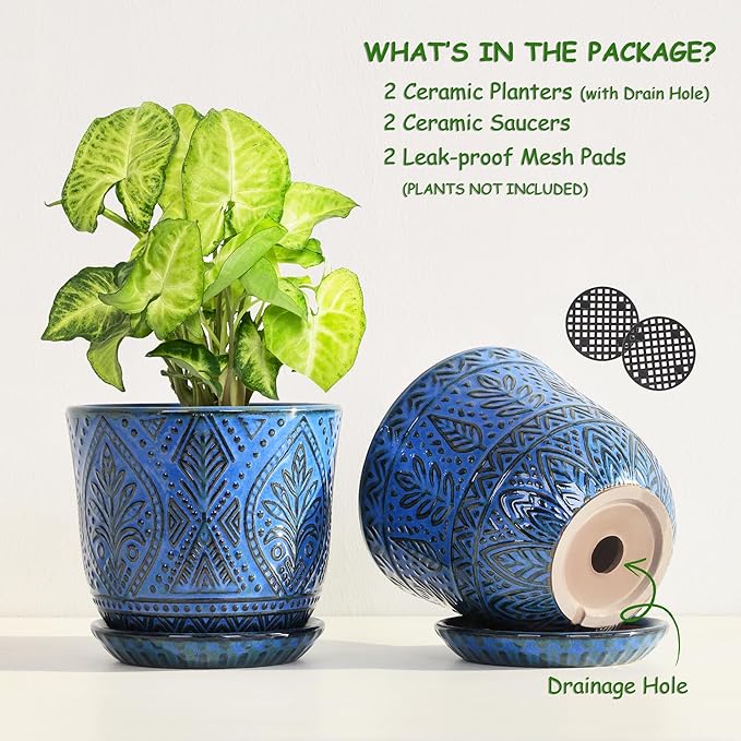 Gepege Beaded Ceramic 6 Inch Planter Set of 2 with Drainage Hole and Saucer for Plants, Indoor-Outdoor Large Round Succulent Orchid Flower Pot (Blue, Inner-pots not Larger Than 5 Inch)
