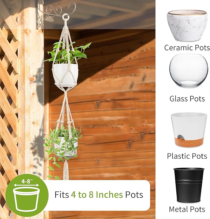 Macrame Plant Hanger - Fits 4 to 8 inches Pots for Indoor Outdoor, 49"/72" 2 Sizes Set, Ivory (POTS NOT Included)