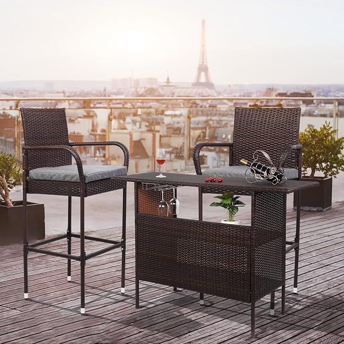VINGLI Wicker Outdoor Bar Table with 2 Steel Shelves, Sets of Rails, Rattan Patio Storage for Backyard, Poolside, Garden