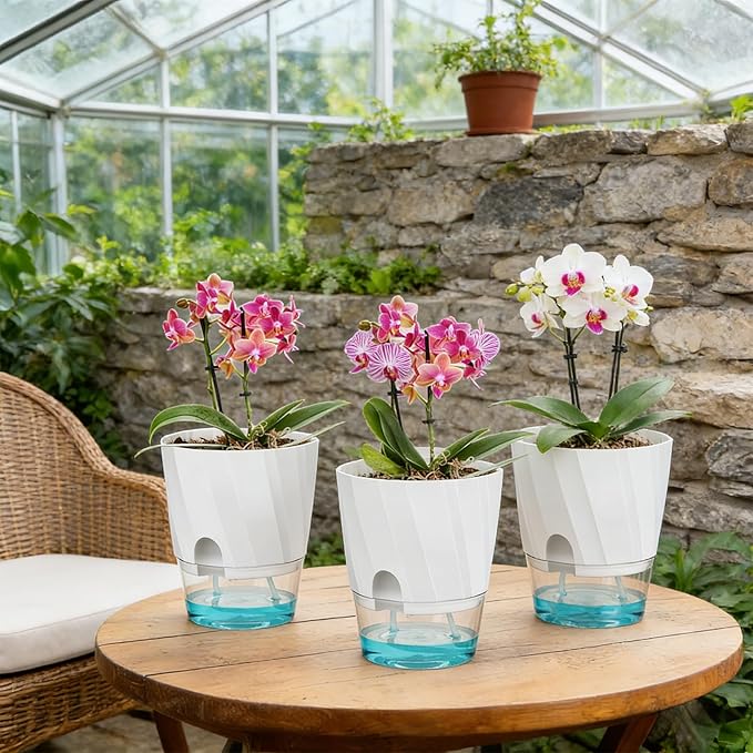 KIMCHOMERSE Self Watering Plant Pots, 4.7 Inch Plant Pots 3 Pack Indoor Planter Pots with Drainage Holes and Tray for Home Decor（White, Pink, Blue）