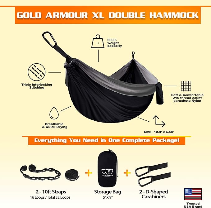 Gold Armour Camping Hammock - XL Double Hammock Portable Hammock Camping Accessories Gear for Outdoor Indoor with Tree Straps, USA Based Brand (Black and Gray)