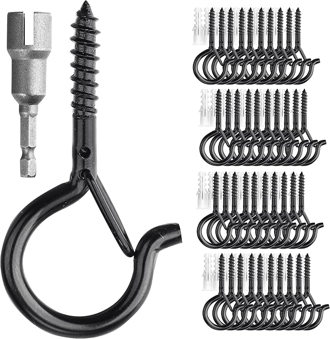 PlusRoc 40 Pack Ceiling Hooks for Hanging Plants Outdoor String Lights Heavy Duty, 2.2 Inch Eye Hook Screw in Cup Hooks Q-Hanger for Patio Lights, Wall Wood Fence Deck Mount(Black)
