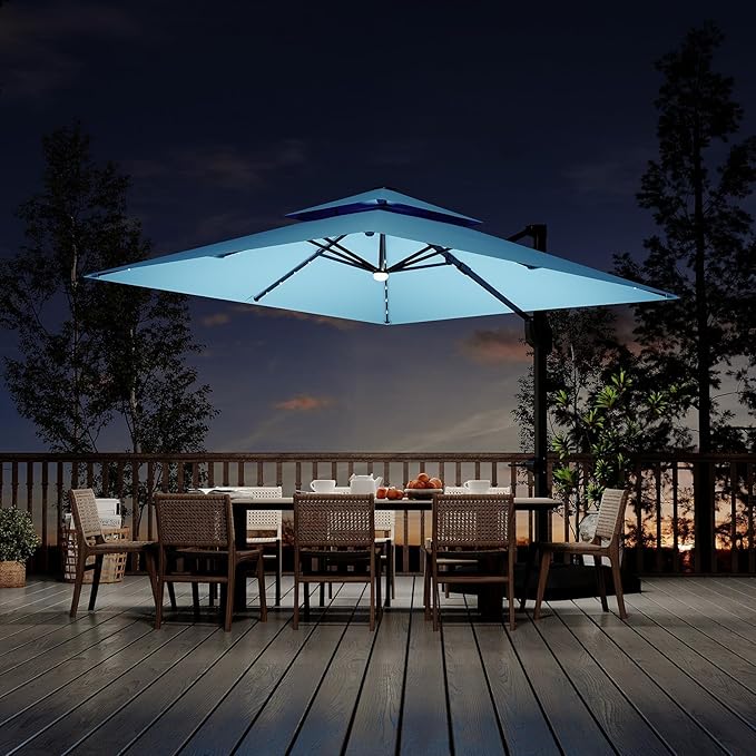 Garvee 10 ft Cantilever Patio Umbrella with Solar Lights, 360° Rotation Offset Umbrella, Easy Crank & Tilt Adjustment, UV Protection for Backyard, Poolside, Deck -Turquoise