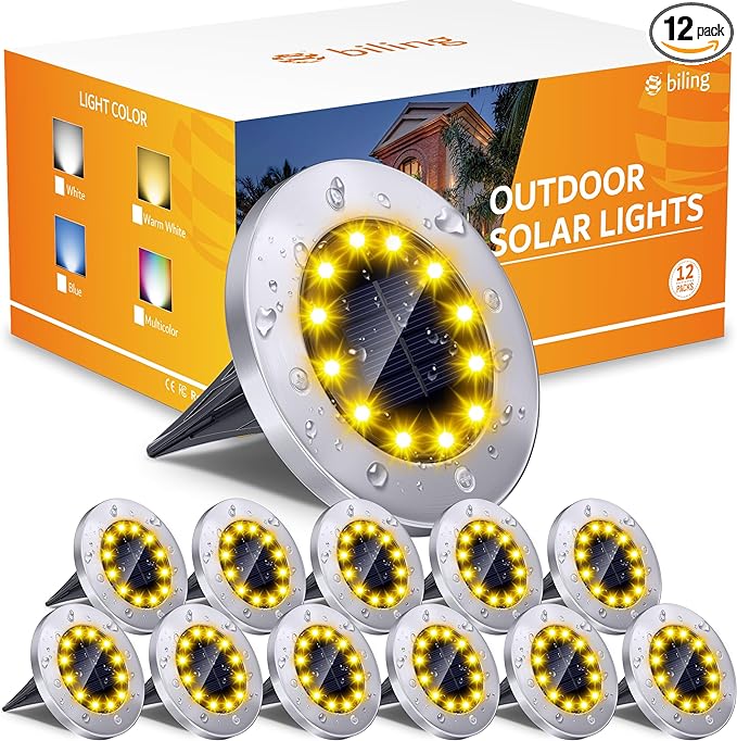 Biling Solar Ground Lights Outdoor 12 Packs, Bright 12 LEDs Solar Lights Outdoor Waterproof for Yard Walkway Garden Driveway (Warm White)