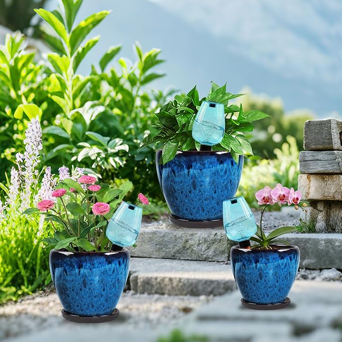 Ceramic Pots for Plant with Self Watering Globes, 10 inch Planters for Indoor Plants with Saucer, Glaze Flower Pots Outdoor with Drainage Holes, Decorative Garden Pots