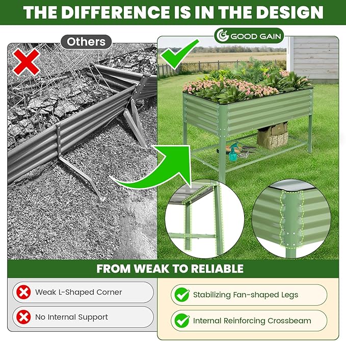 Elevated Raised Garden Bed 2' x 4'- Galvanized Metal Planter Boxes with Legs & Storage Rack, Outdoor Planters for Backyard/Patio/Balcony, with Drainage Holes for Vegetables, Flowers, Herbs, Green
