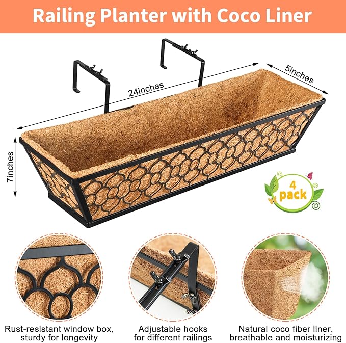 Riare 4 Pack 23 Inch Window Boxes Planters with Coco Liner, Metal Deck Railing Planter Boxes, Balcony Planters Railing Hanging, Horse Trough Window Flower Planter Boxes for Outdoor Porch Fence Patio