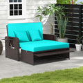 LDAILY Moccha Outdoor Daybed, Wicker Loveseat Sofa Set with 4-Postion Adjustable Backrest, Storage Ottoman, Cushions, Rattan Double Bed Lounger, Patio Furniture Set (Turquoise)