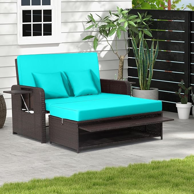 LDAILY Moccha Outdoor Daybed, Wicker Loveseat Sofa Set with 4-Postion Adjustable Backrest, Storage Ottoman, Cushions, Rattan Double Bed Lounger, Patio Furniture Set (Turquoise)