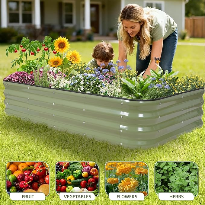4-in-1 Modular Raised Garden Bed Kit - Adjustable Sizes (5x3x1ft, 4x4x1ft, 6x2x1ft, 7x1x1ft) - Heavy Duty Galvanized Steel Planter Box with Bracing Rods & Gloves for Vegetables, Fruits