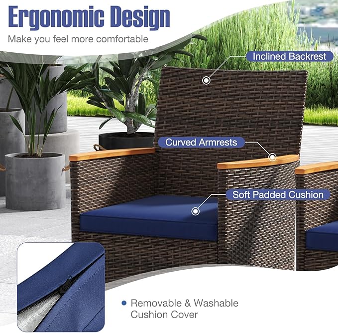 Tangkula 9 Pieces Rattan Outdoor Dining Set for 8, Outdoor Acacia Wood Table Set with 8 Cushioned Wicker Chairs, Umbrella Hole, Patio Dining Furniture Set for Deck Pool Backyard