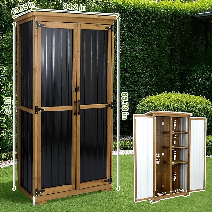 Outdoor Storage Cabinet with Shelf, Wood & Metal Storage Shed with Waterproof Roof & Lockable Doors,Tall Outdoor Cabinets for Patio Backyard, Gardening Tools and Accessories, Brown