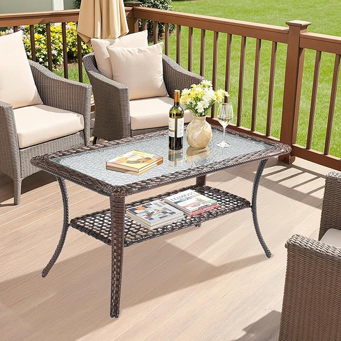 VINGLI Outdoor Coffee Table with Storage Wicker Patio Coffee Table, Tempered Glass Top Coffee Table for Patio Outside Balcony Porch Deck (Brown)