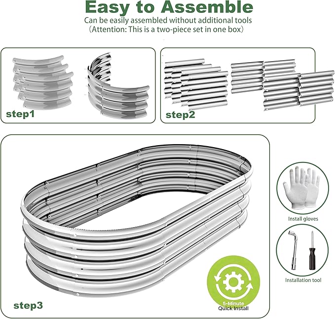 4x2x1ft-2pcs-Oval Raised Garden Bed Kit, Galvanized Planter Garden Boxes Outdoor, Metal Raised Garden Beds for Vegetables,Fruits, Flower,Silver