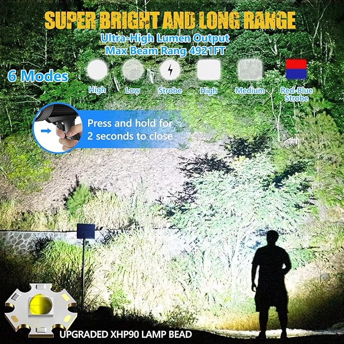 Spotlight 1000000 Lumens, 6 Modes Led Rechargeable Spotlight Flashlight As Seen on TV with Tripod, 3 Color Filters, Super Bright Solar Spot Lights Outdoor Handheld for Hunting, Boating, Large