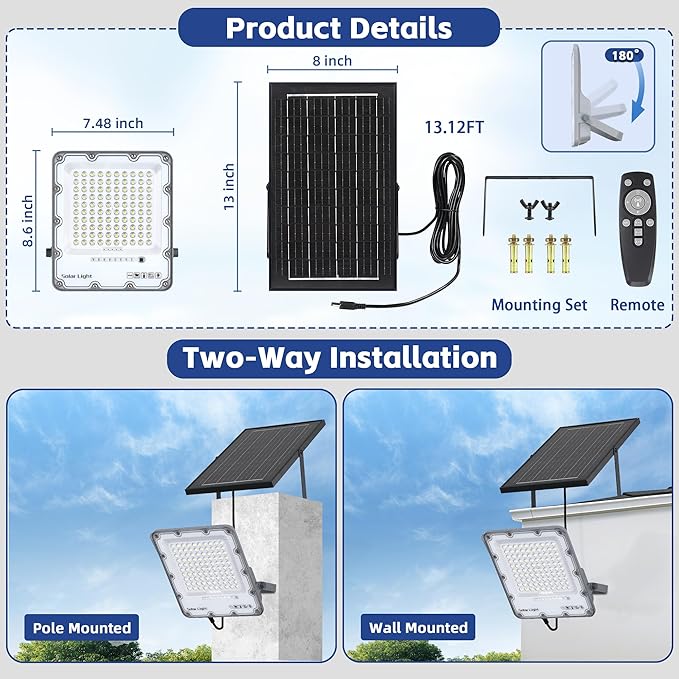 200W Solar Flood Light Outdoor 40000LM 6500K LED Solar Street Light with Remote, IP66 Waterproof Dusk to Dawn Outdoor Security Lighting, 13FT Cable Splitted Solar Powered Lamp for Parking Lot Garage